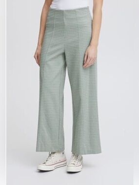 ICHI Ihkate Cameleon Wide Leg High-Rise Pants in Sage Check Size Small